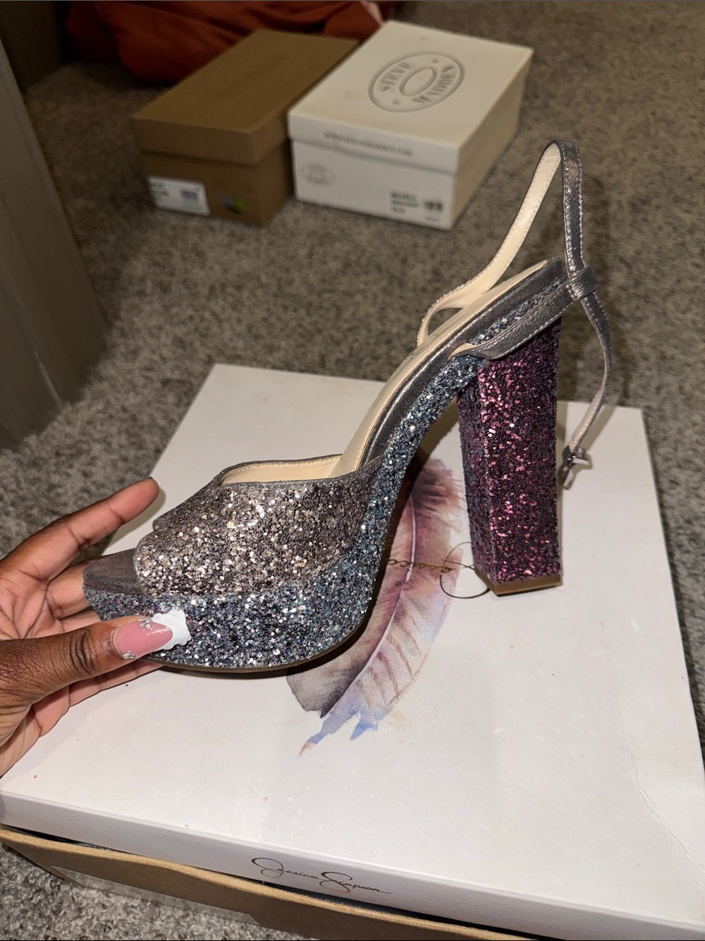 Jessica Simpson Silver and Pink Glitter Platform Sandals